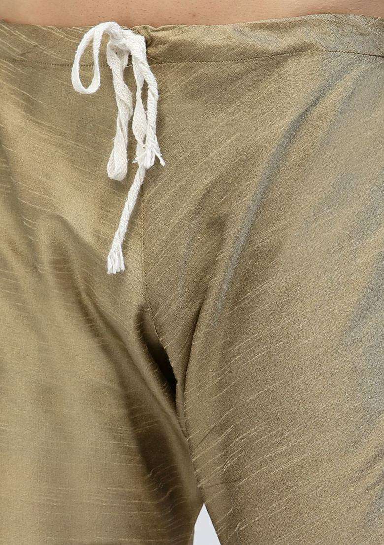 Khaki Solid Silk Blend Kurta Set For Men - Indya