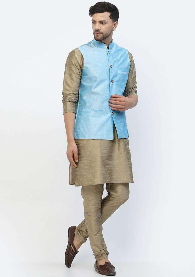 Khaki Solid Silk Blend Kurta Set For Men - Indya