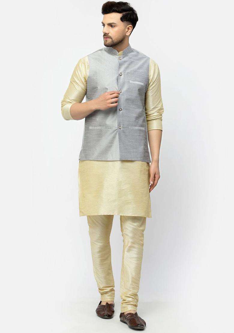 Gold Solid Silk Blend Kurta Set For Men - Indya