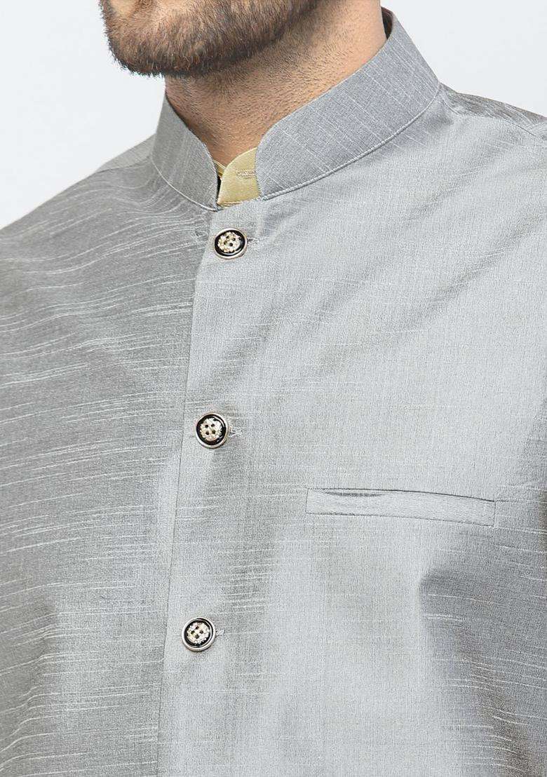 Gold Solid Silk Blend Kurta Set For Men - Indya