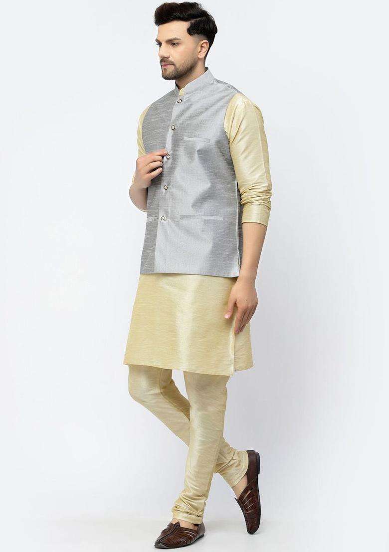 Gold Solid Silk Blend Kurta Set For Men - Indya