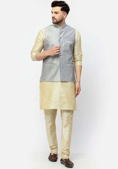 Gold Solid Silk Blend Kurta Set For Men