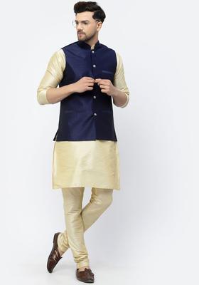 Beige Solid Silk Kurta Set For Men