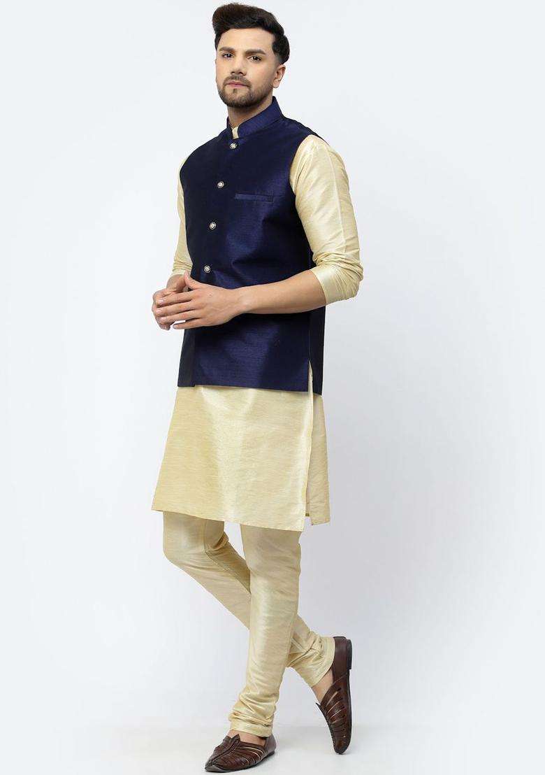 Beige Solid Silk Blend Kurta Set For Men - Indya