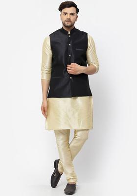Beige Solid Silk Kurta Set For Men