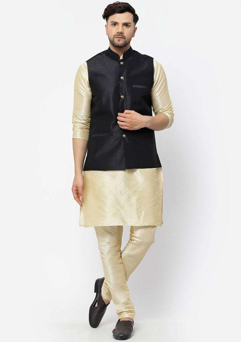 Beige Solid Silk Blend Kurta Set For Men - Indya