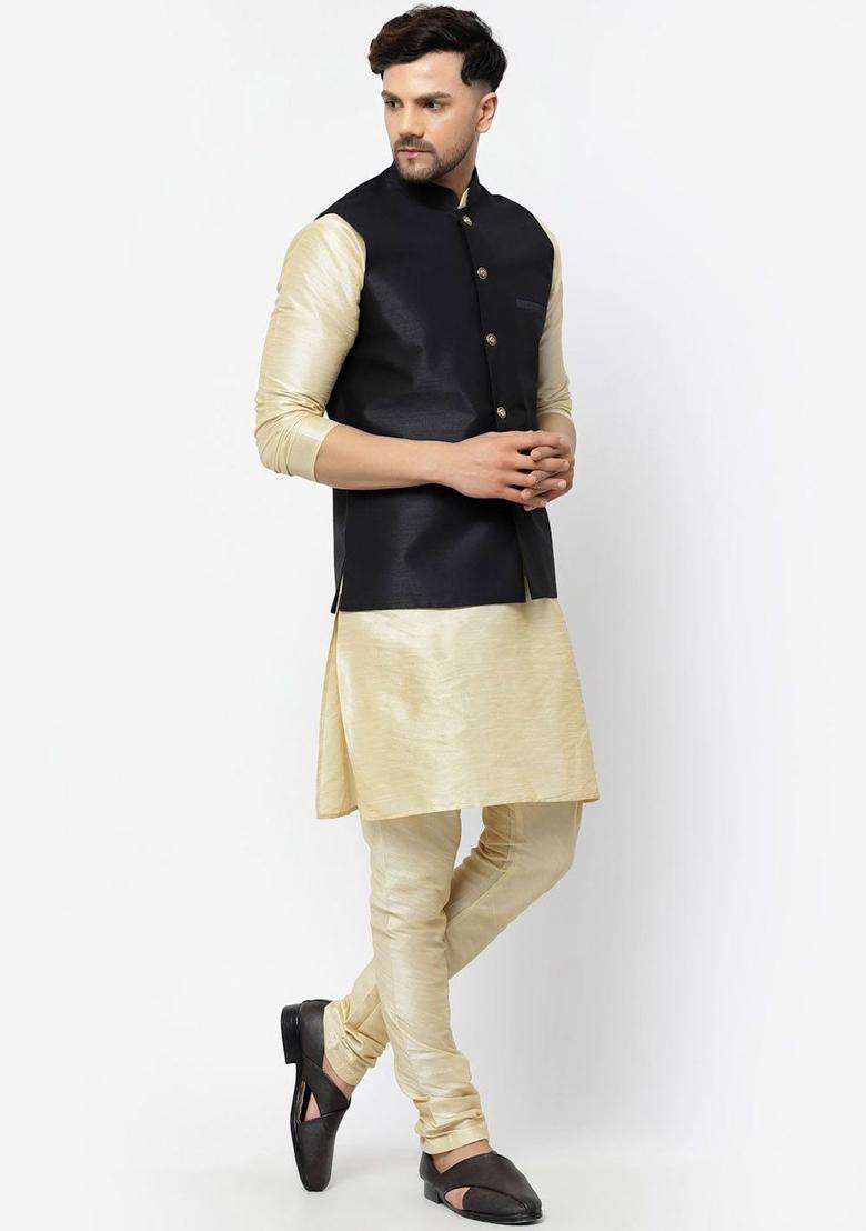 Beige Solid Silk Blend Kurta Set For Men - Indya