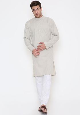 Green Self Design Cotton Kurta Set For Men