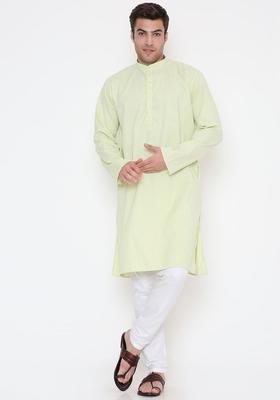 Lime Green Solid Cotton Kurta Set For Men