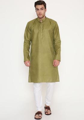 Olive Self Design Cotton Kurta Set For Men