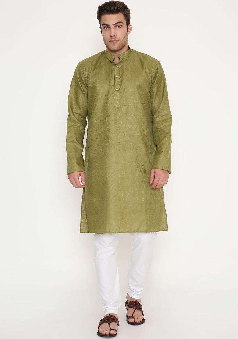 Olive Self Design Cotton Kurta Set For Men - Indya