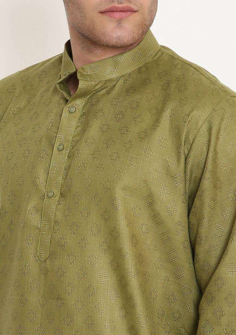 Olive Self Design Cotton Kurta Set For Men - Indya