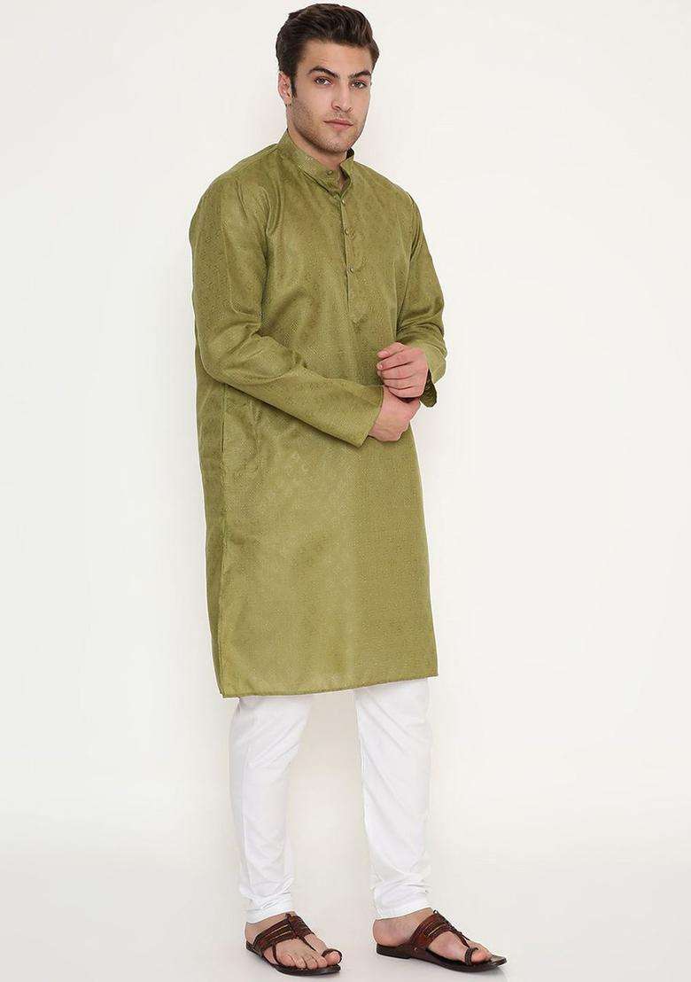 Olive Self Design Cotton Kurta Set For Men - Indya