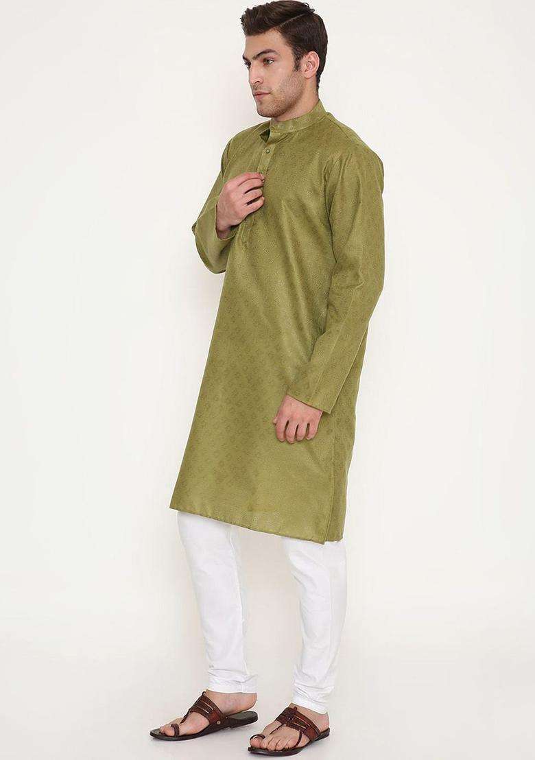Olive Self Design Cotton Kurta Set For Men - Indya
