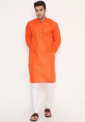 Orange Woven Design Cotton Kurta Set For Men