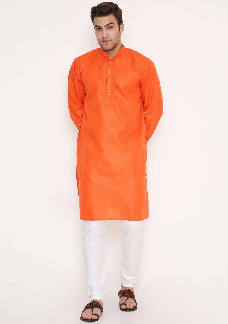 Orange Woven Design Cotton Kurta Set For Men - Indya