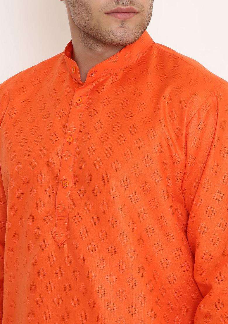Orange Woven Design Cotton Kurta Set For Men - Indya