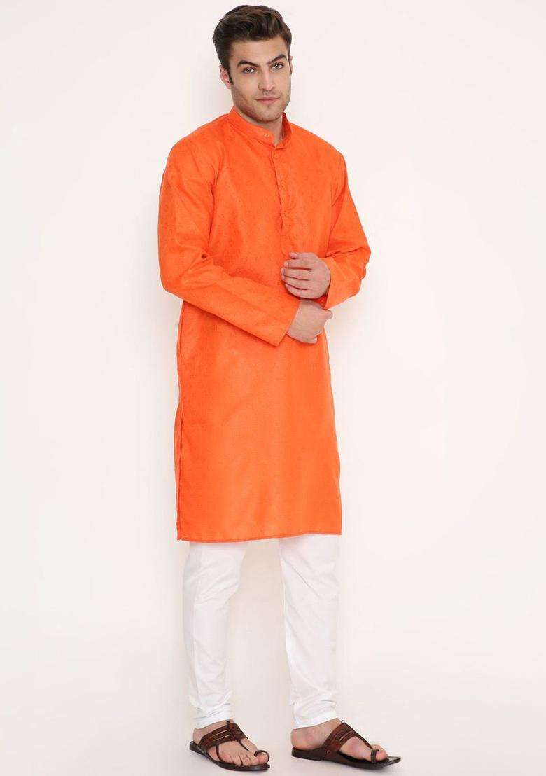 Orange Woven Design Cotton Kurta Set For Men - Indya