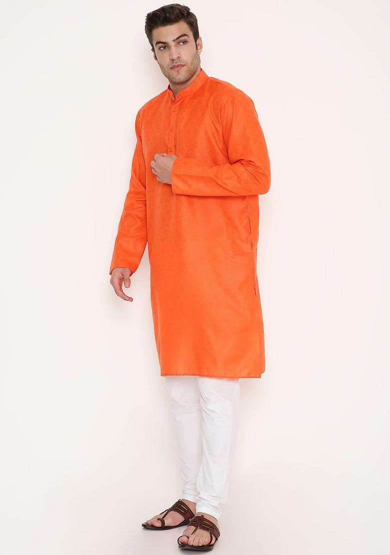 Orange Woven Design Cotton Kurta Set For Men - Indya