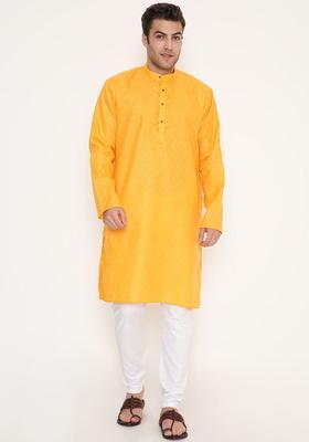 Mustard Printed Cotton Kurta Set For Men