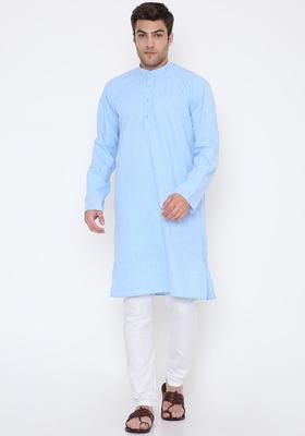 Blue Self Design Cotton Kurta Set For Men