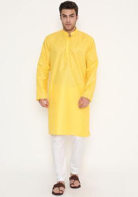 Yellow Woven Design Cotton Kurta Set For Men
