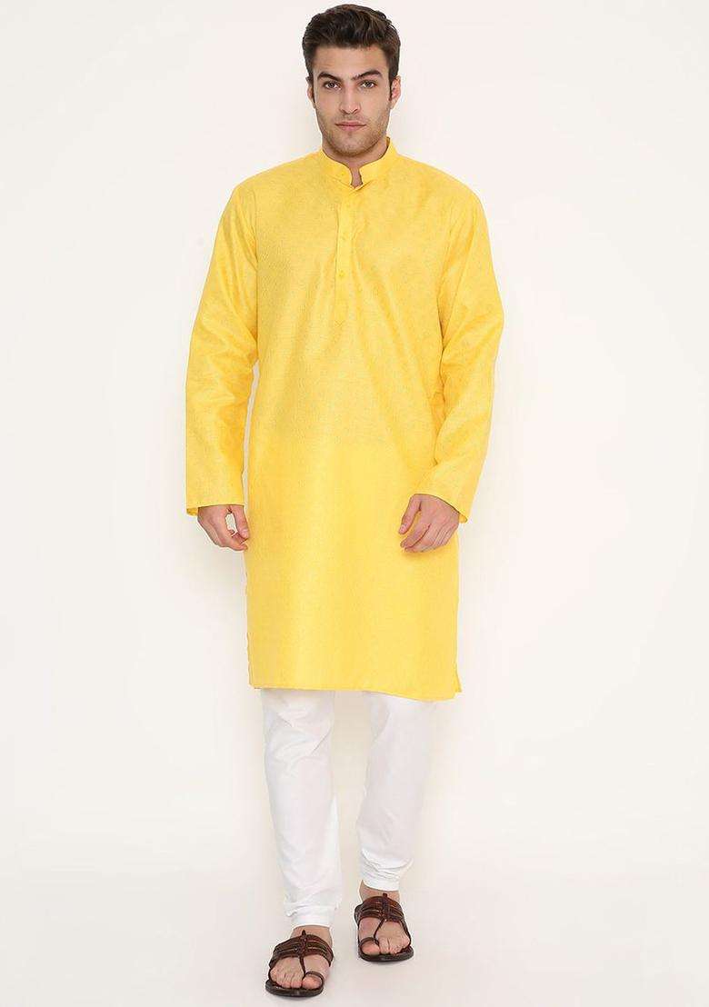 Yellow Woven Design Cotton Kurta Set For Men - Indya