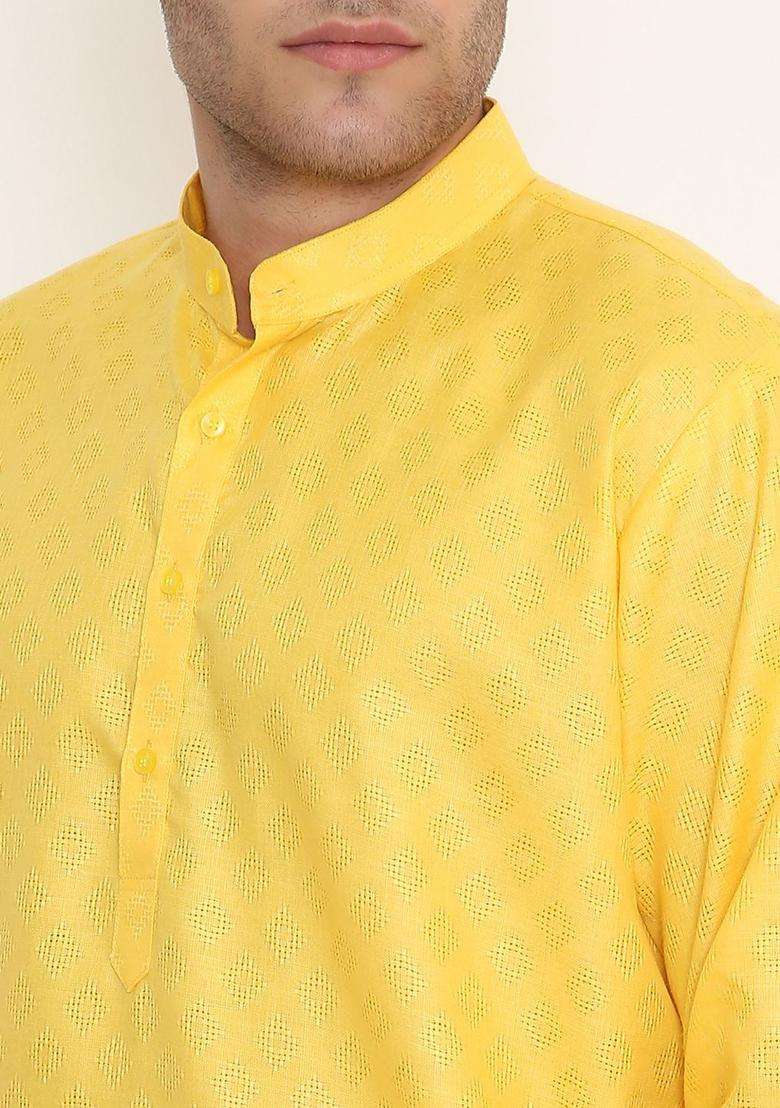 Yellow Woven Design Cotton Kurta Set For Men - Indya