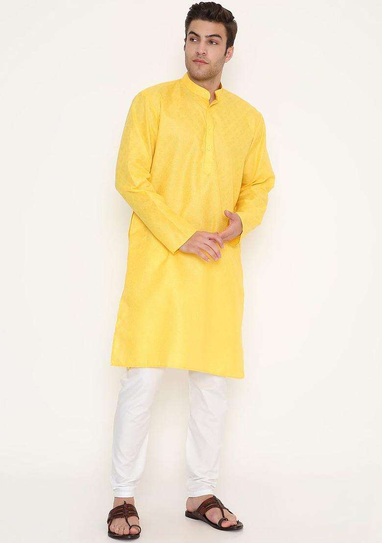 Yellow Woven Design Cotton Kurta Set For Men - Indya