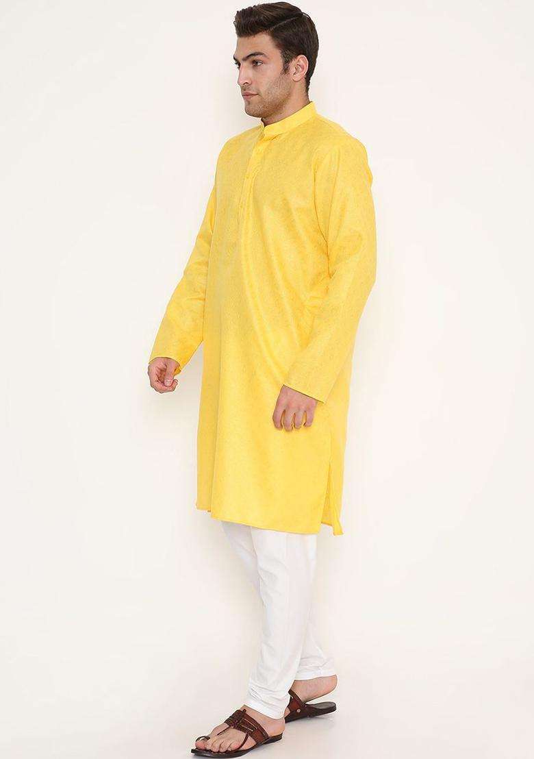 Yellow Woven Design Cotton Kurta Set For Men - Indya