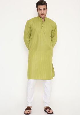 Green Self Design Cotton Kurta Set For Men