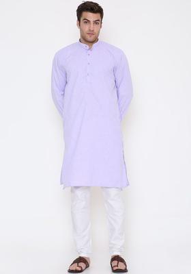 Lavender Solid Cotton Kurta Set For Men