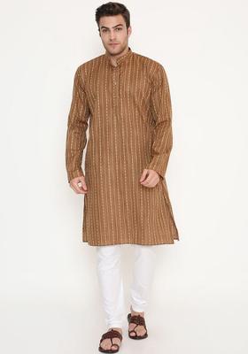 Brown Woven Design Cotton Kurta Set For Men