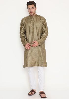 Gold Solid Cotton Kurta Set For Men