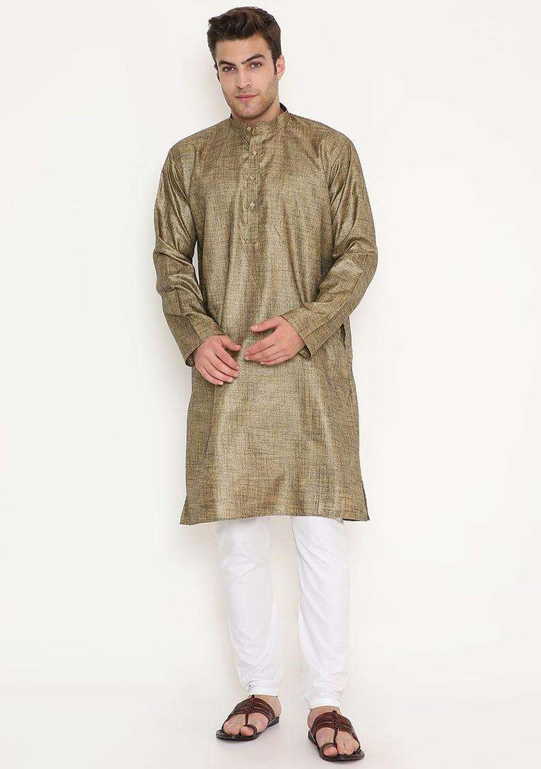 Gold Solid Cotton Kurta Set For Men - Indya