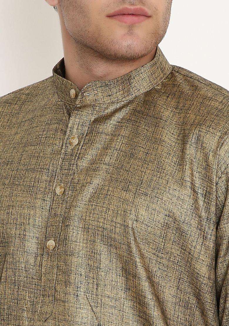 Gold Solid Cotton Kurta Set For Men - Indya