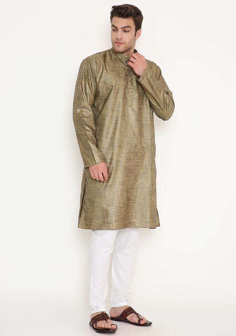 Gold Solid Cotton Kurta Set For Men - Indya