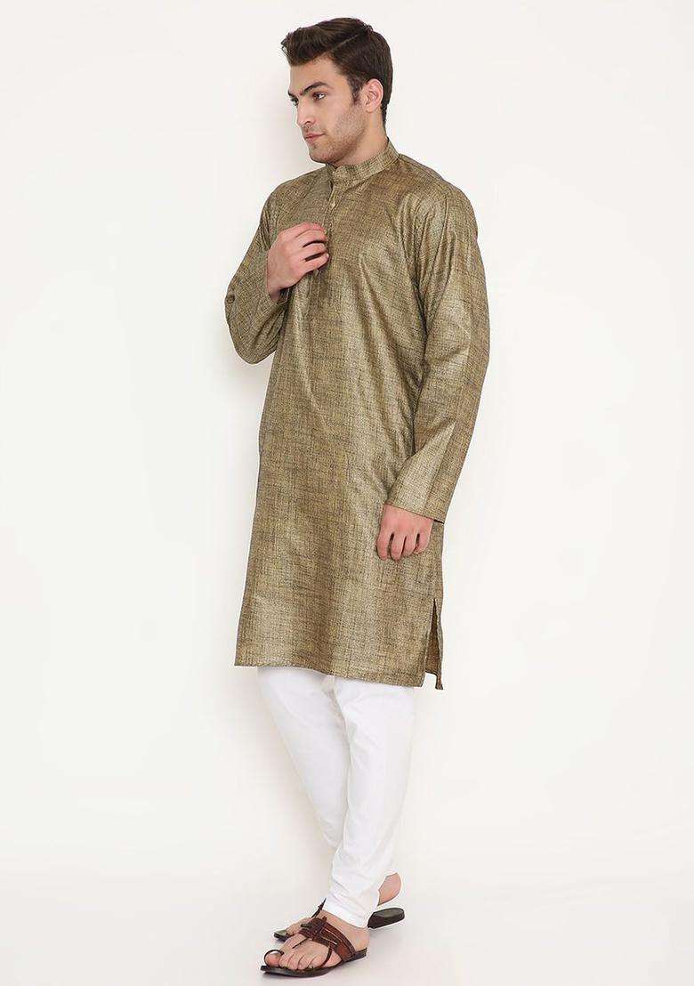 Gold Solid Cotton Kurta Set For Men - Indya