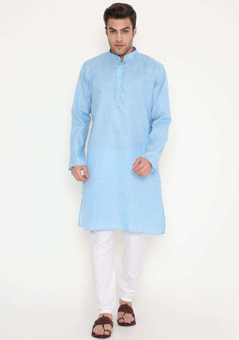 Blue Striped Cotton Kurta Set For Men - Indya