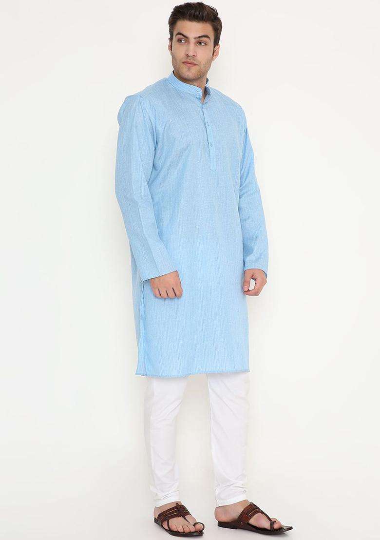 Blue Striped Cotton Kurta Set For Men - Indya