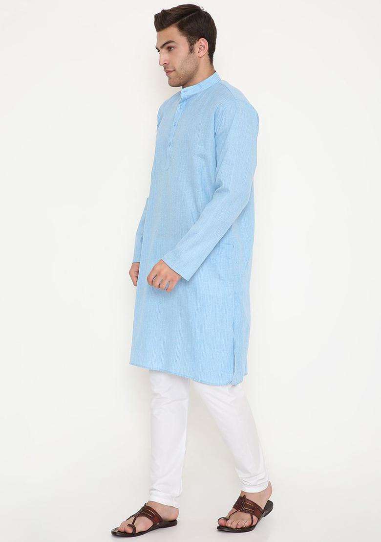 Blue Striped Cotton Kurta Set For Men - Indya