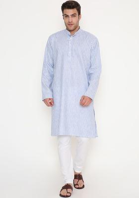 Blue Striped Cotton Kurta Set For Men