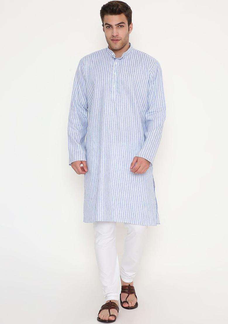 Blue Striped Cotton Kurta Set For Men - Indya
