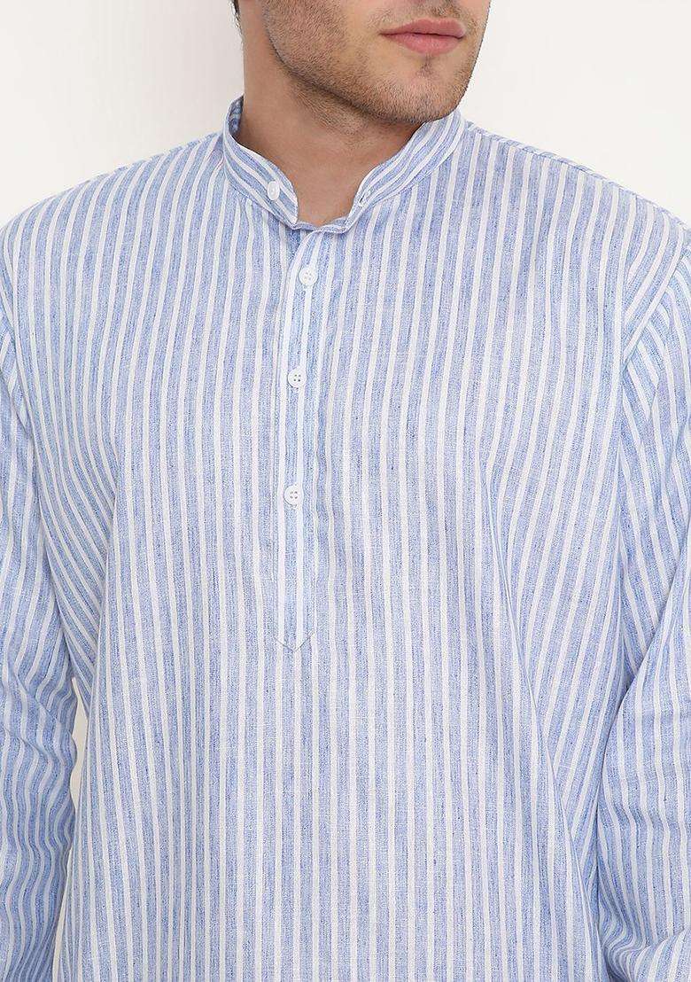 Blue Striped Cotton Kurta Set For Men - Indya