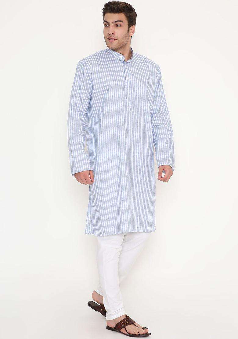 Blue Striped Cotton Kurta Set For Men - Indya