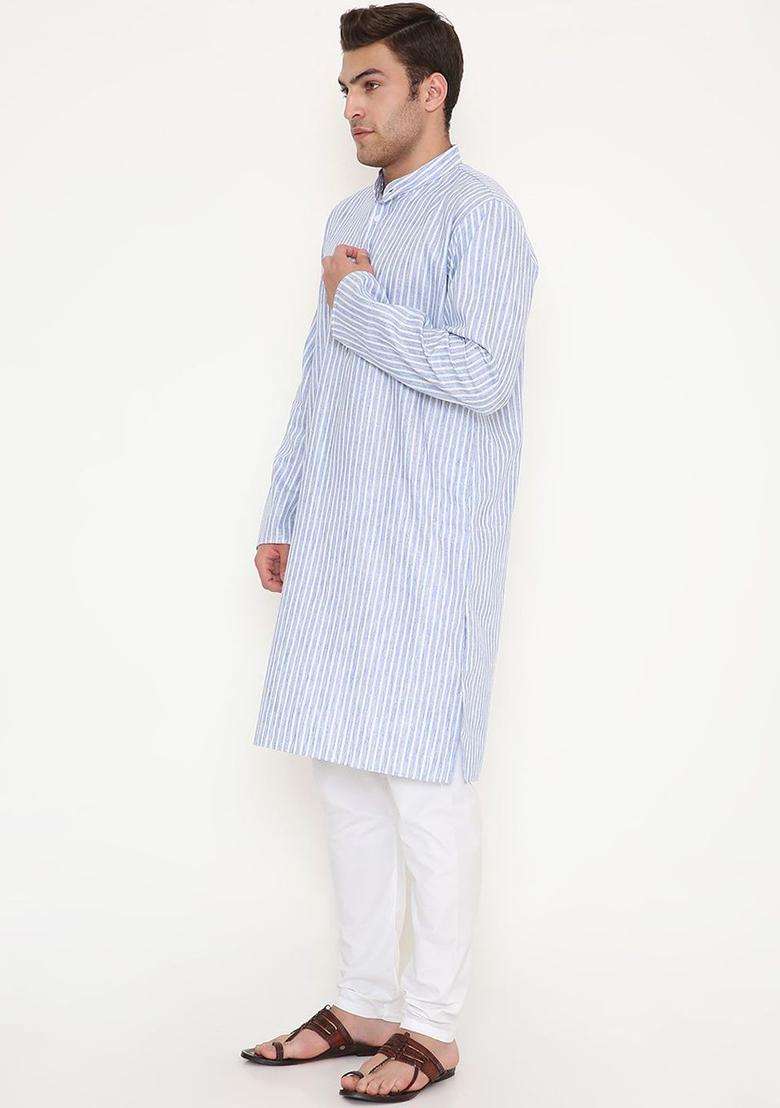 Blue Striped Cotton Kurta Set For Men - Indya