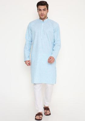 Blue Striped Cotton Kurta Set For Men