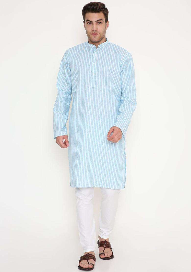 Blue Striped Cotton Kurta Set For Men - Indya