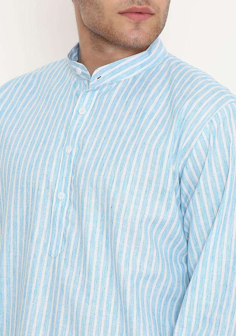 Blue Striped Cotton Kurta Set For Men - Indya