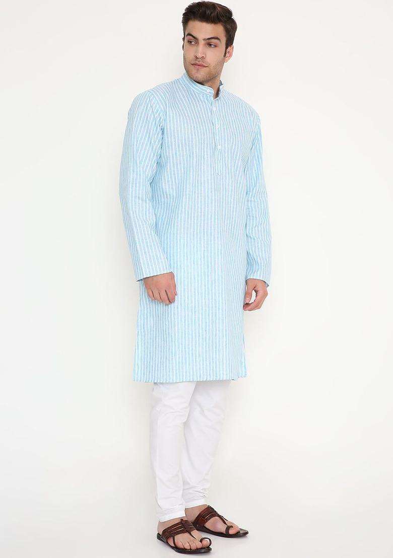Blue Striped Cotton Kurta Set For Men - Indya